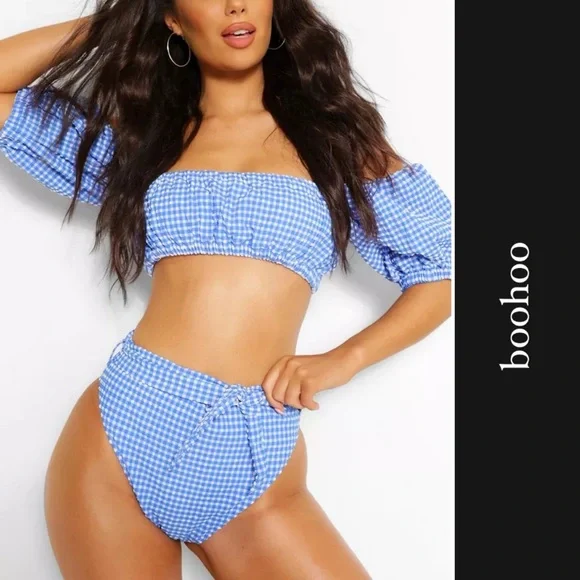 Boohoo Swim Boohoo Gingham Puff Sleeve Bikini In Blue White